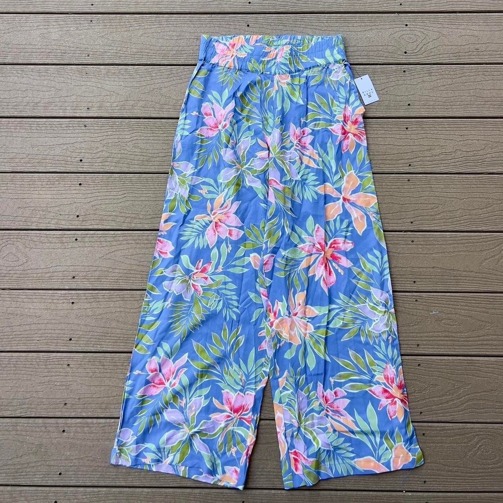 Billabong Seaside Beach Pants Size Large Blue Floral Vacation Wide‎ Leg